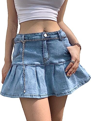 Women's Casual Slim A-line Pleated Ruffle Short Mini Denim Skirts