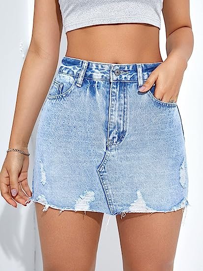 Women's Casual Ripped Jean Skirt High Waist Raw Hem Mini Denim Skirts