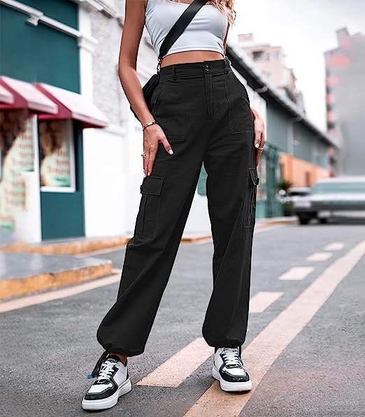 Women High Waisted Cargo Pants Wide Leg Casual Pants 6 Pockets Combat Military Trousers