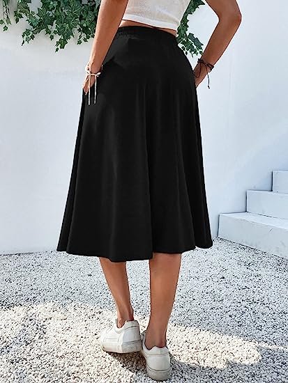 Women's Elastic Waist Pocket Side A Line Midi Swing Flared Skirt